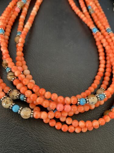 Navajo Pink Coral 5-Strand Turquoise Bead Necklace | Sterling Silver | 25" | Authentic Native American Handmade | 12510