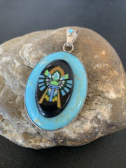 Zuni Multi-Stone Turquoise Pendant | Coral Onyx Inlay | Sterling Silver | Authentic Native American Handmade | 2029