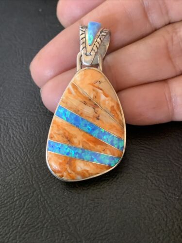 Men's Navajo Orange Spiny Oyster Blue Opal Inlay Pendant | Sterling Silver | Native American Handmade | 12487