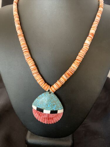 Authentic Native American Santo Domingo Shell Pendant Necklace | Spiny Oyster & Blue Turquoise | 26" | 12519