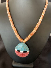 Authentic Native American Santo Domingo Shell Pendant Necklace | Spiny Oyster & Blue Turquoise | 26" | 12519