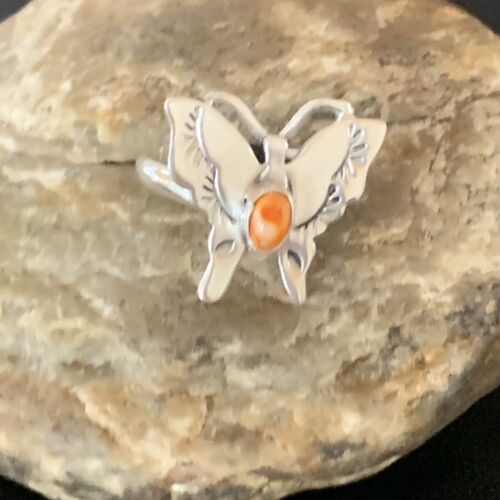 Navajo Orange Spiny Oyster Butterfly Ring | Sterling Silver | Sz Adj 8 | Authentic Native American Handmade | 10343