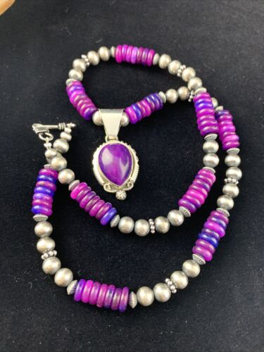 Women's Navajo Necklace with Purple Sugilite Pendant | Sterling Silver | Authentic Native American Handmade | 1628