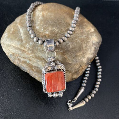 Navajo Red Spiny Oyster Square Pendant Necklace | Sterling Silver | Authentic Native American Handmade | 13634