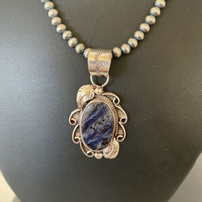 Men's Handmade Navajo Sterling Silver Beads Necklace | Lapis Pendant 2" | Authentic Native American | 1208