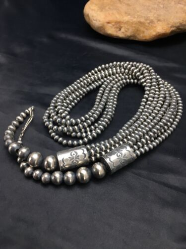Navajo Pearls 5mm Sterling Silver Necklace | 6-Strand Pendant 30.5" | Native American | 93630
