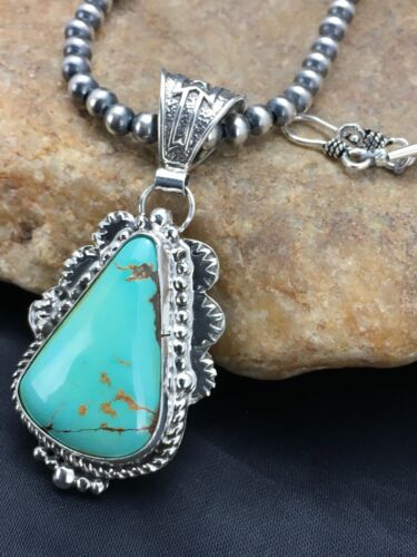 Men's Royston Turquoise Pendant | Sterling Silver Navajo Pearl Necklace | Authentic Native American Handmade | 2525