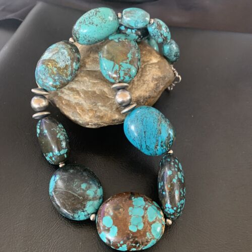 Chunky Navajo Pearl Graduated Turquoise Necklace | Sterling Silver | Authentic Native American Jewelry | 21" | 11903