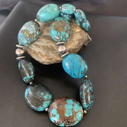 Chunky Navajo Pearl Graduated Turquoise Necklace | Sterling Silver | Authentic Native American Jewelry | 21" | 11903 - Masha USA