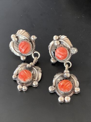 Navajo Red Spiny Oyster Dangle Earrings | Sterling Silver | Authentic Native American Handmade | 2059