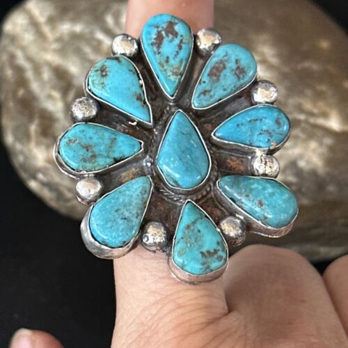 Navajo Blue Turquoise Cluster Ring | Authentic Native American Sterling Silver | Multi-Stone | Sz 7.5 | 14746