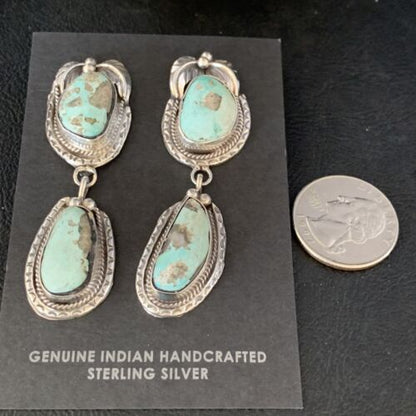 Navajo Blue Dry Creek Turquoise Post Dangle Earrings | Sterling Silver | Authentic Native American Handmade | 13880