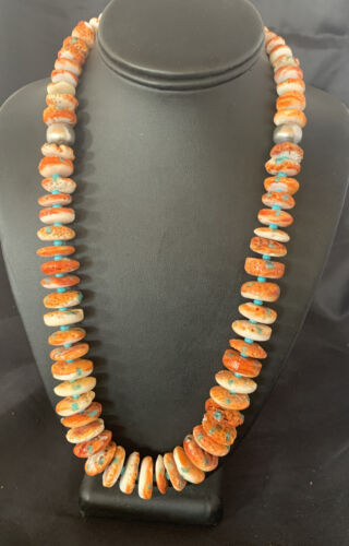 Navajo Turquoise & Orange Spiny Oyster Necklace | Sterling Silver | Authentic Native American | Graduated | 24" | 12733
