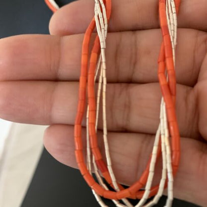 Navajo Coral Tube Beads Liquid Silver Heishi 5-Strand Necklace | Sterling Silver | 02181