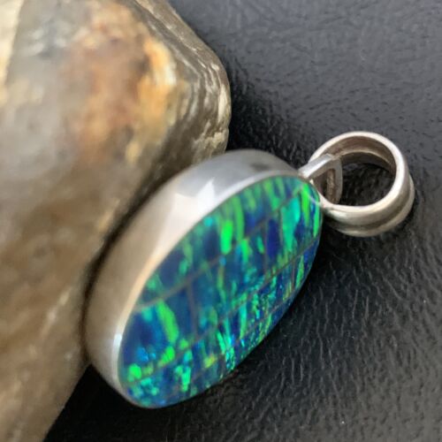 Authentic Native American Navajo Sterling Silver Blue Fire Opal Inlay Pendant | Handmade Jewelry | 13143