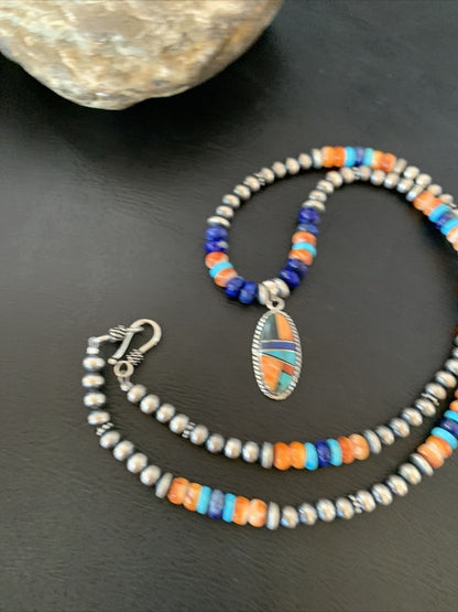 Navajo Native American Multi-Color Turquoise Spiny Inlay Pendant Necklace | Sterling Silver | 10660