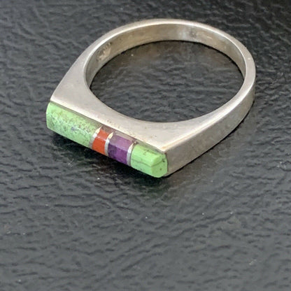 Native American Navajo Green Gaspiete Sugilite Red Coral Inlay Ring | Sz 5 | 10995