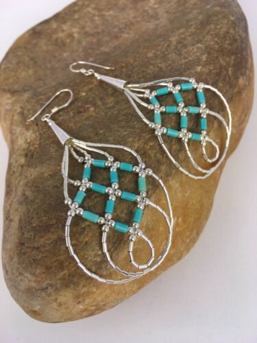 Native American Blue Turquoise Heishi Dangle Earrings | Sterling Silver | 2" | 8878