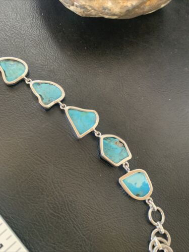 Navajo Blue Kingman Turquoise Link Bracelet | Sterling Silver | 8" | Authentic Native American Handmade | 11647