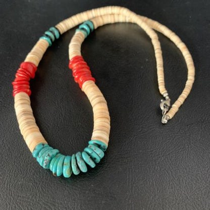 Authentic Native American Santo Domingo Necklace | Red Coral, Blue Turquoise, Onyx Shell | 22" | 13487