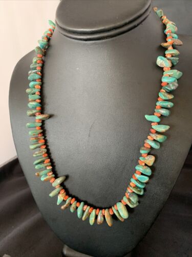 Navajo Green Turquoise & Red Spiny Oyster Necklace | Sterling Silver | Authentic Native American Handmade | 20" | 13221