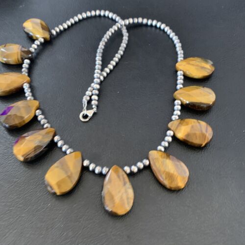 Navajo Pearl Sterling Silver Necklace | Coffee Tiger's Eye Teardrop Pendant | 21" | 11748