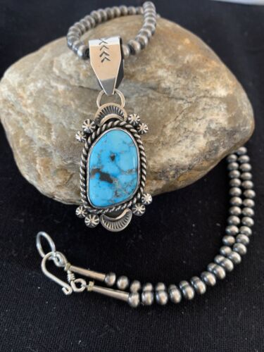 Navajo Spiderweb Kingman Turquoise Pendant Necklace | Sterling Silver | Authentic Native American Handmade | 690