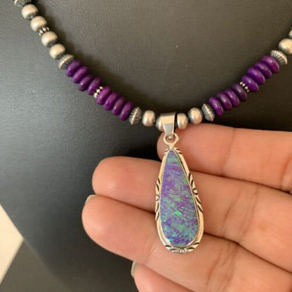 Navajo Purple Sugilite Necklace with Faux Opal Pendant | Sterling Silver | Authentic Native American Handmade | 01918