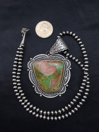 Royston Turquoise Pendant | Navajo Pearls Sterling Silver Necklace | Authentic Native American Handmade | 4276
