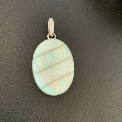 Navajo White Fire Opal Inlay Pendant | Sterling Silver | Authentic Native American Handmade | 13144