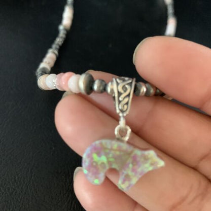 Navajo Bear Pink Opal Bead Necklace | Sterling Silver Inlay Pendant | Authentic Native American Handmade | 13459