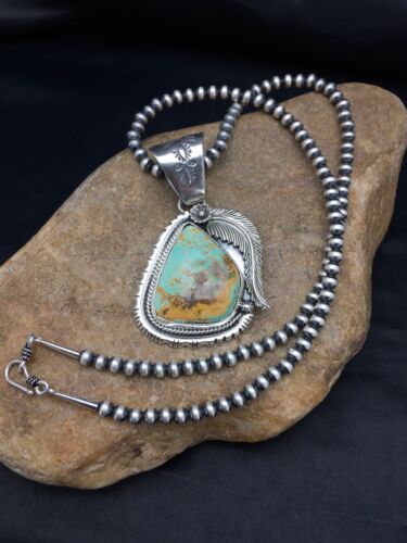 Navajo Pearls Sterling Silver Royston Turquoise Necklace Pendant Set | 2.75" | Authentic Native American Handmade | 2880