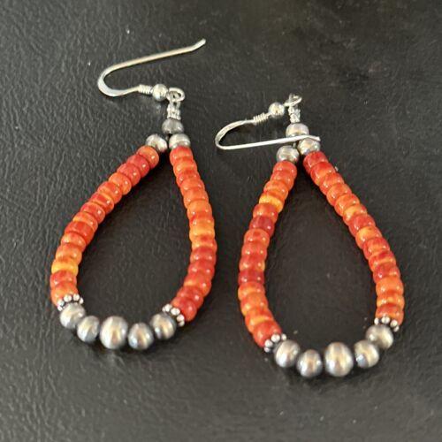 Southwestern Red Spiny Oyster Bead Earrings | Navajo Sterling Silver | Authentic Native American Handmade | 14372