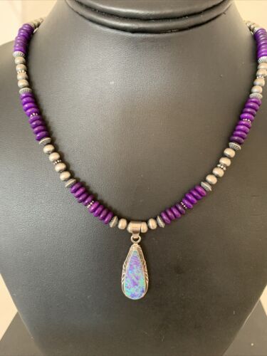 Navajo Purple Sugilite Necklace with Faux Opal Pendant | Sterling Silver | Authentic Native American Handmade | 01918