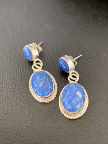 Navajo Denim Lapis Dangle Earrings | Sterling Silver | 1.1" | Authentic Native American Handmade | 1703