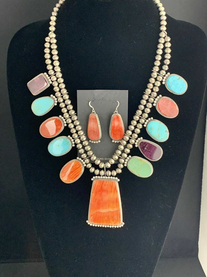 Navajo XL Spiny Oyster Squash Blossom Necklace | Sterling Silver Turquoise | Authentic Native American Handmade | 12702