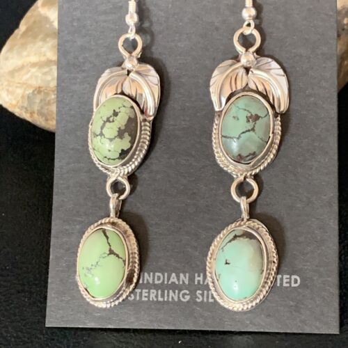 Navajo Green Spiderweb Turquoise Dangle Earrings | Sterling Silver | Authentic Native American Handmade | 13554