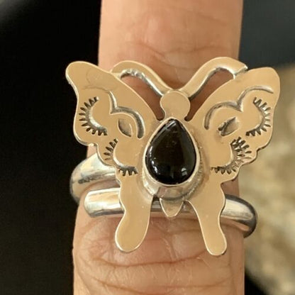 Southwestern Navajo Black Onyx Butterfly Ring | Sterling Silver | Adj Sz 8 | 10385
