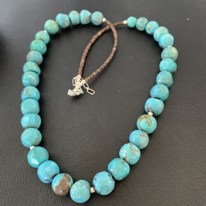Native American Sterling Silver Heishi Blue Turquoise Bead Necklace Pendant | Handmade | 20" | 02021