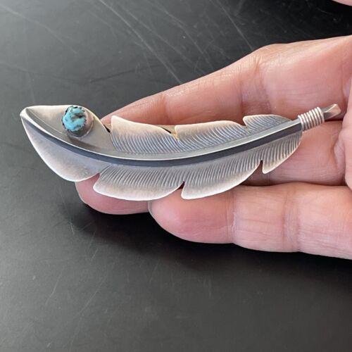 Handmade Sterling Silver Feather Barrette with Blue Turquoise Inlay | Authentic Navajo Jewelry | 2081