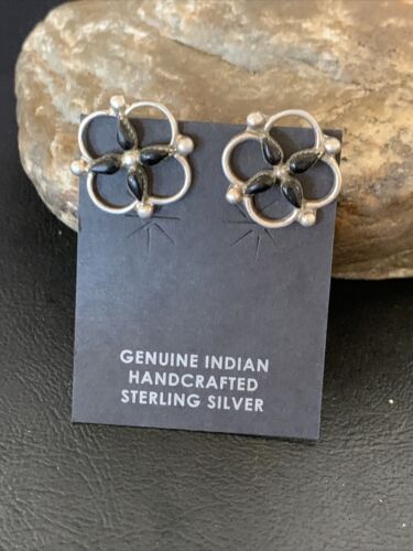 Navajo Black Onyx Stud Post Earrings | Sterling Silver | 0.5" | Authentic Native American Handmade | 12644