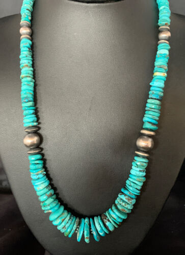 Authentic Native American Navajo Graduated Blue Turquoise Necklace | Sterling Silver | 22" | 13568