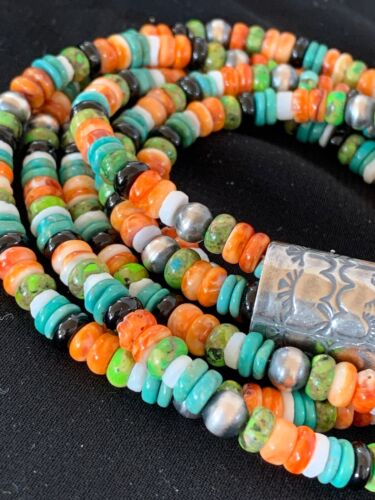 Navajo Green Turquoise, Lapis & Spiny Oyster Necklace | Sterling Silver | Authentic Native American Handmade | 3238