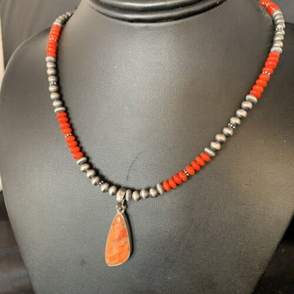 Navajo Red Apple Coral Necklace Pendant Naja | Sterling Silver | Authentic Native American Handmade | 13933