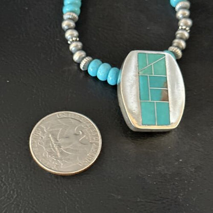 Navajo Blue Turquoise Inlay Pendant Necklace | Sterling Silver | 22" | Authentic Native American Handmade | 14602