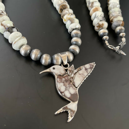 Navajo Hummingbird Inlay Necklace Pendant | Sterling Silver | Wild Horse Turquoise Inlay | 11345