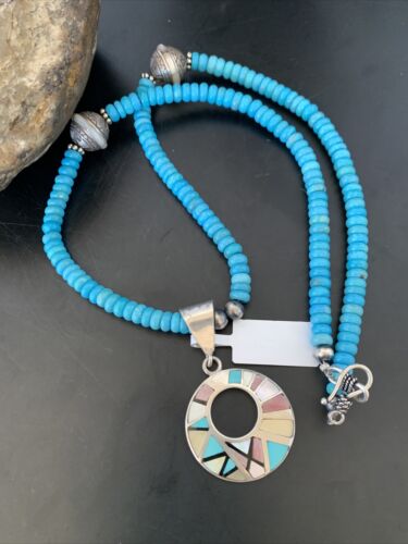 Blue Turquoise & Mother of Pearl Inlay Pendant | Sterling Silver Necklace | Navajo | 8904 - Masha USA