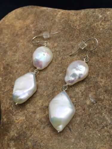 Native American Sterling Silver Pearl Dangle Earrings | 1.5" | 3079