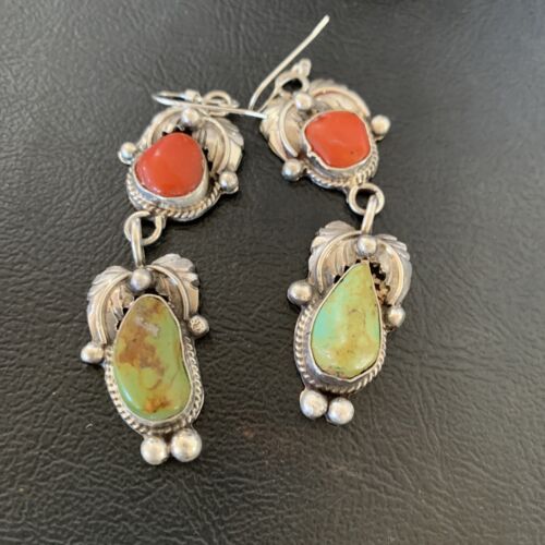 Navajo Green Royston Turquoise & Red Coral Dangle Earrings | Sterling Silver | Native American Handmade | 12354