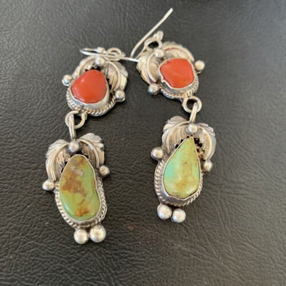 Navajo Green Royston Turquoise & Red Coral Dangle Earrings | Sterling Silver | Native American Handmade | 12354